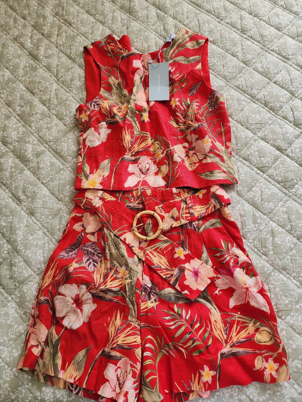 Antonio Melani Set Floral Orange Red Sleeveless Belted Top Short Set